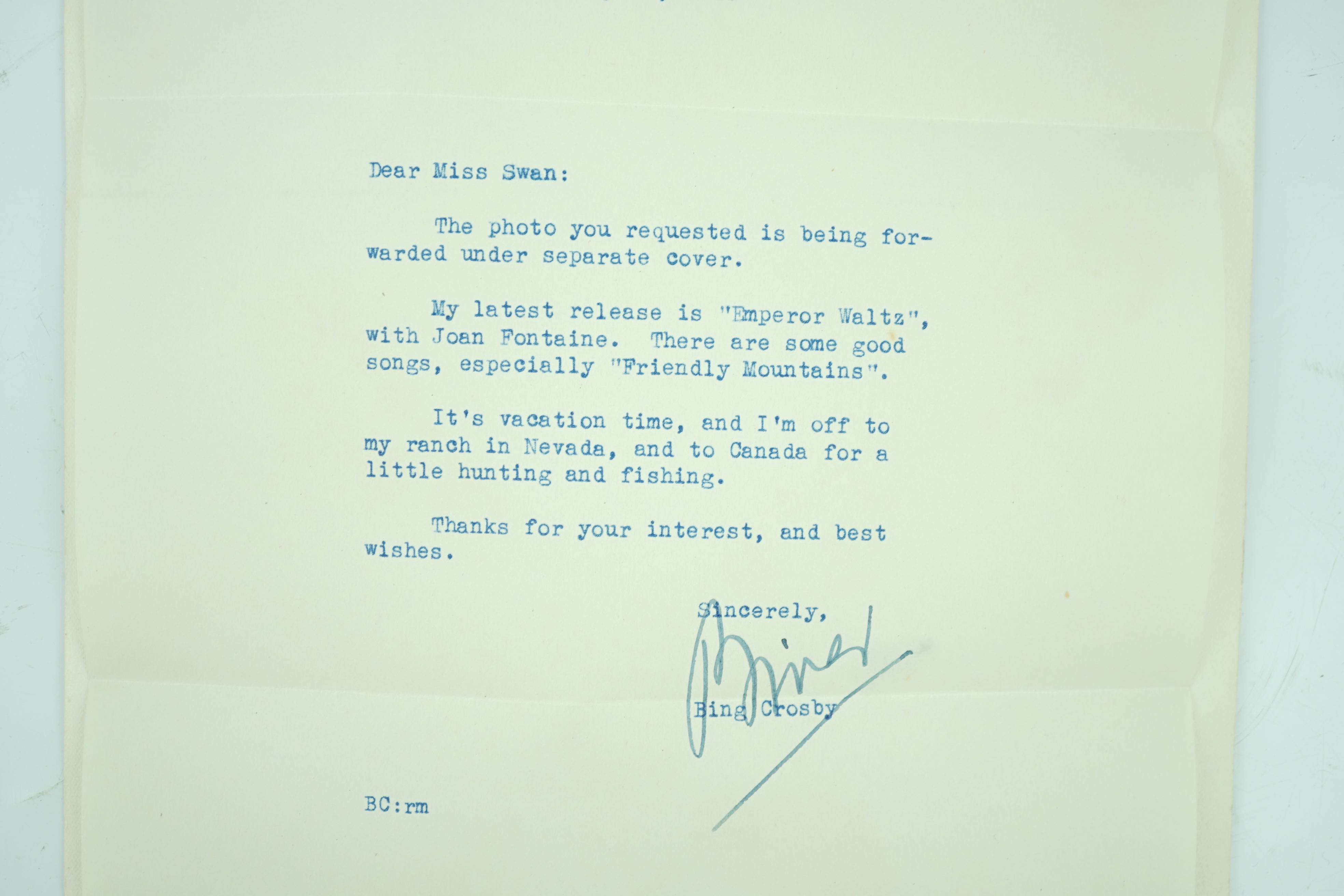 Bing Crosby interest; a signed letter on headed notepaper with its original envelope bearing the same logo, the body of the letter and address on the envelope typed in blue and both dated 22 July 1948, together with a co